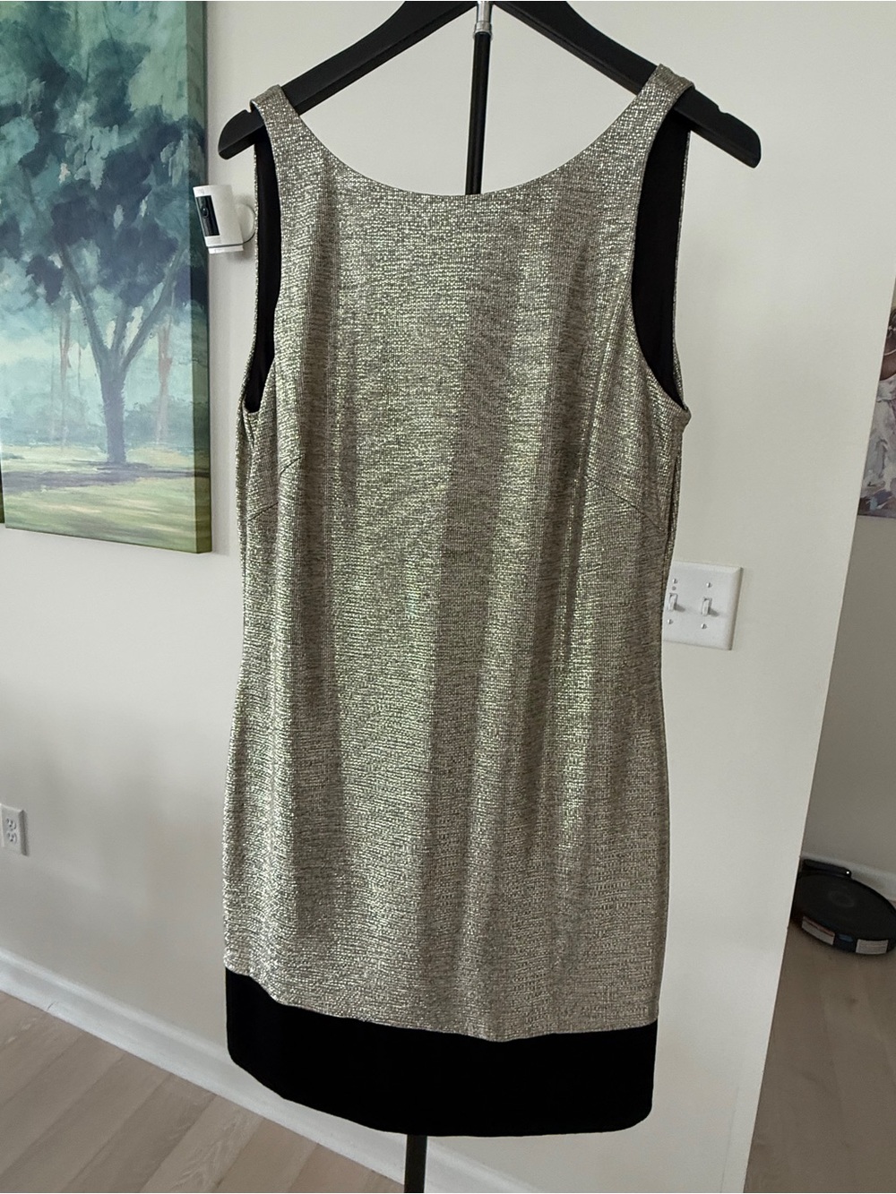 White House Black Market Metallic Silver Black Shift Dress Medium Cocktail